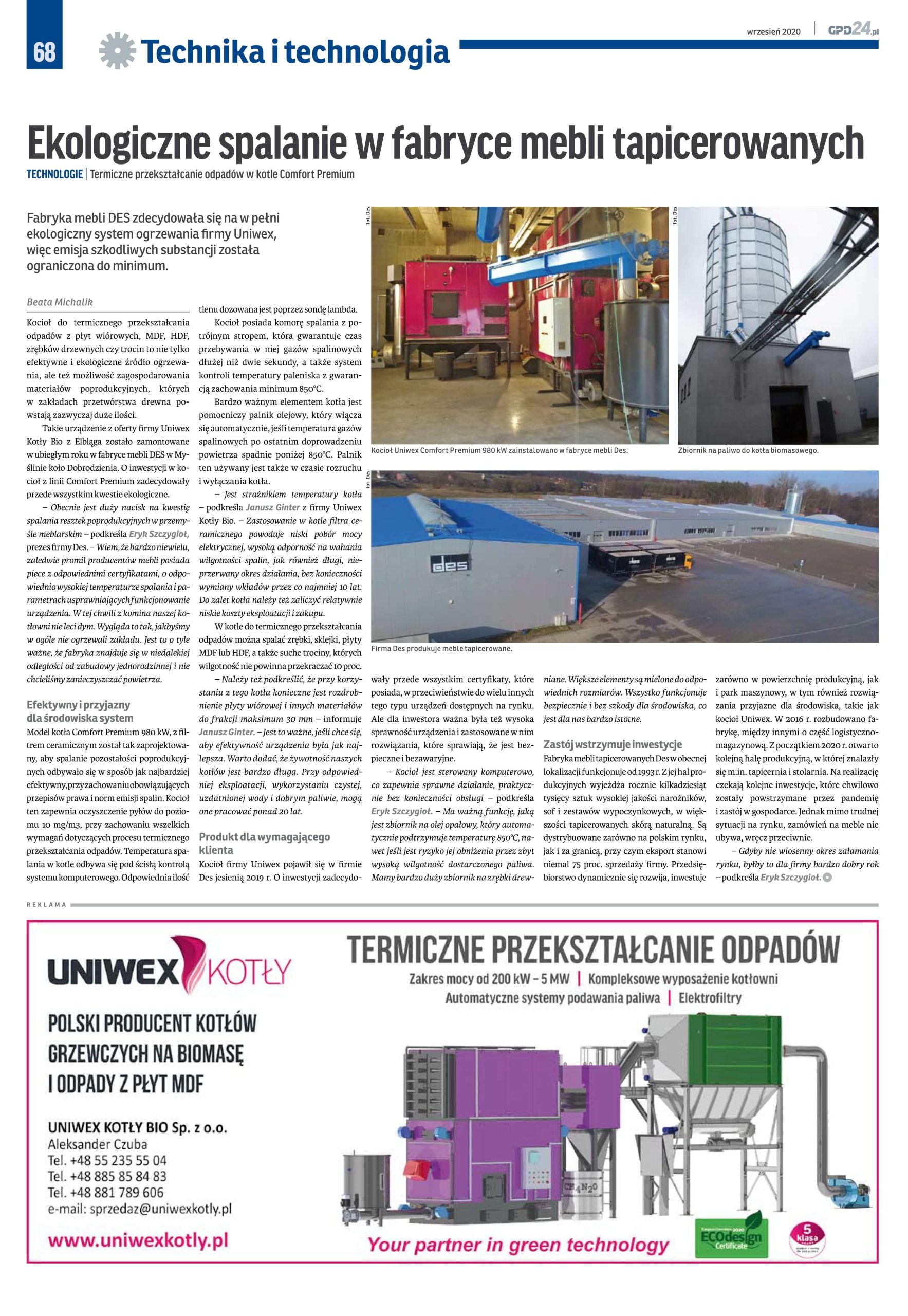 Ekologiczne spalanie w fabryce mebli tapicerowanych DES