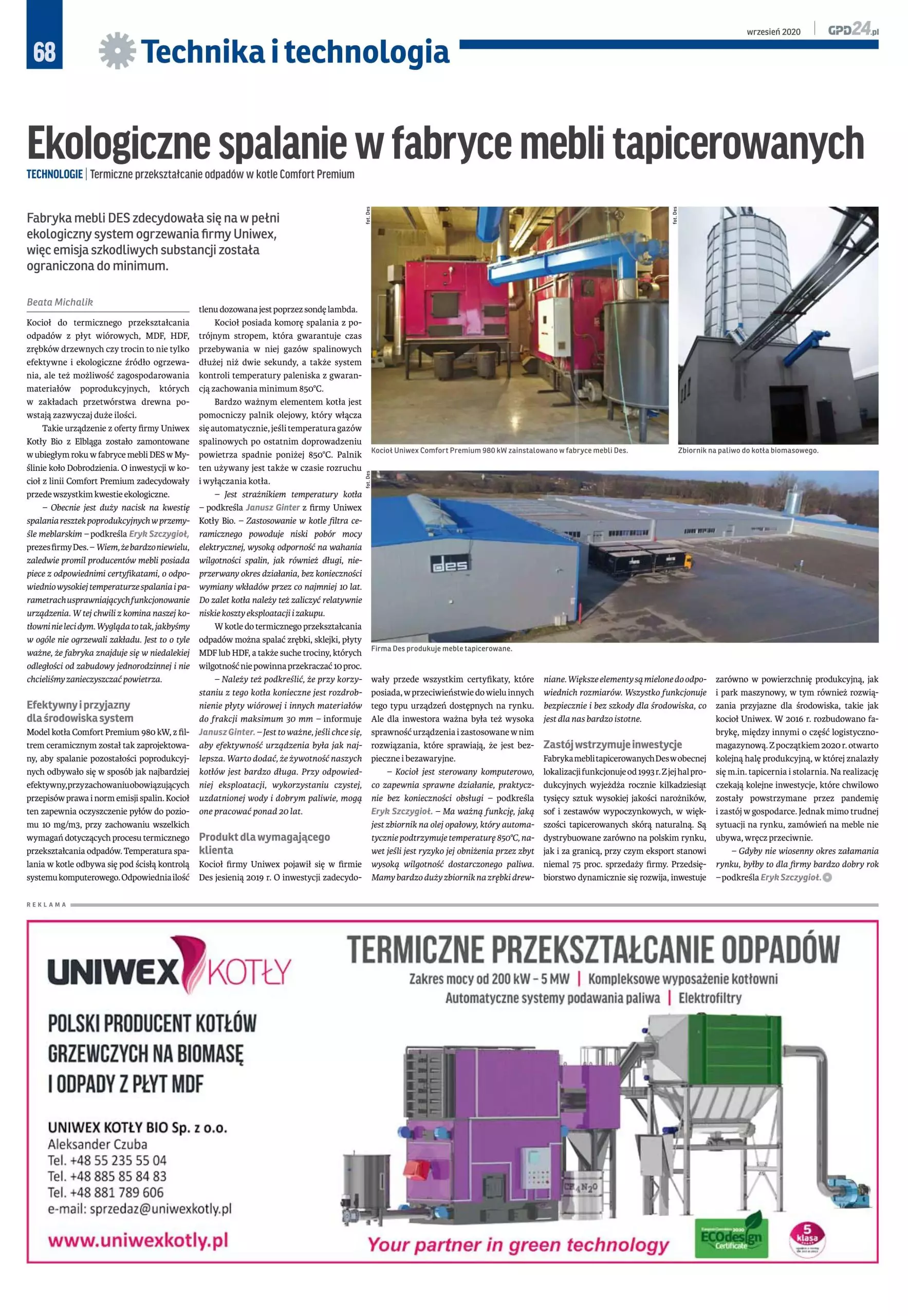 Ekologiczne spalanie w fabryce mebli tapicerowanych DES